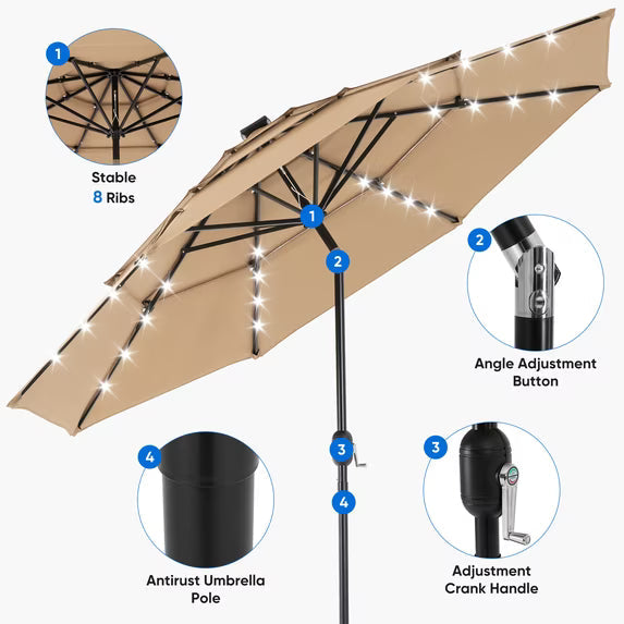 UMBRELLA 3 TIER SOLAR LIGHTS KHAKI 10 Ft
