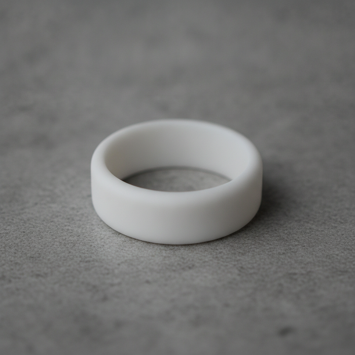 White 8mm bevelled silicone ring shown at an angle