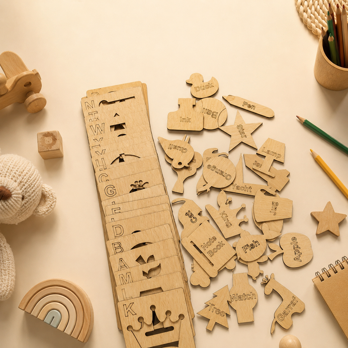 Wooden Alphabet Drawing Stencils and Puzzles Set - A to Z