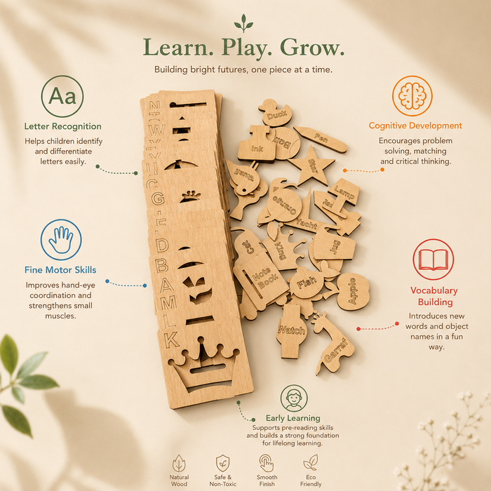 Wooden Alphabet Drawing Stencils and Puzzles Set - A to Z