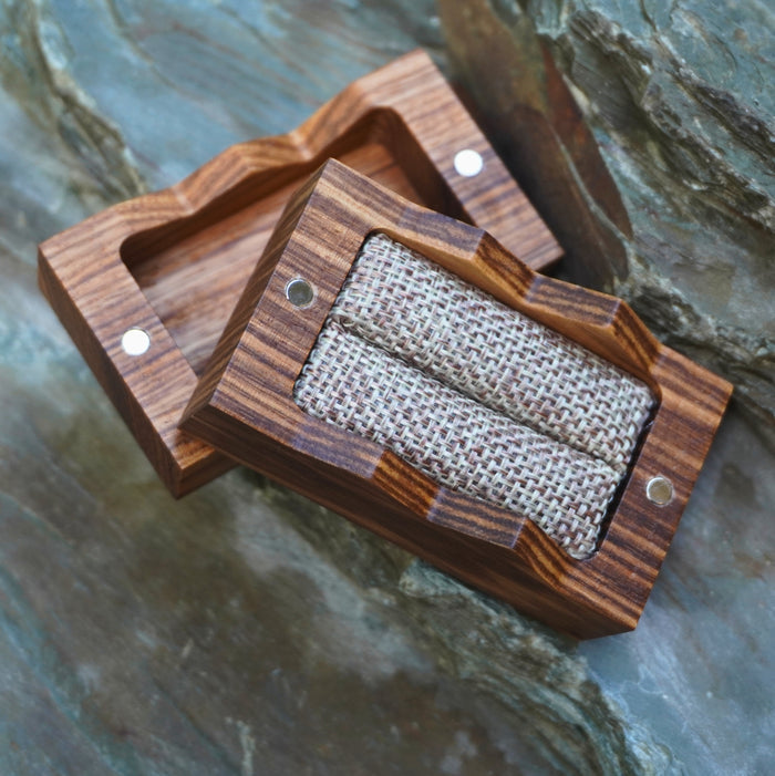 Handcrafted wooden ring box with burlap lining by Forge & Lumber, featuring a rustic design and natural wood finish.