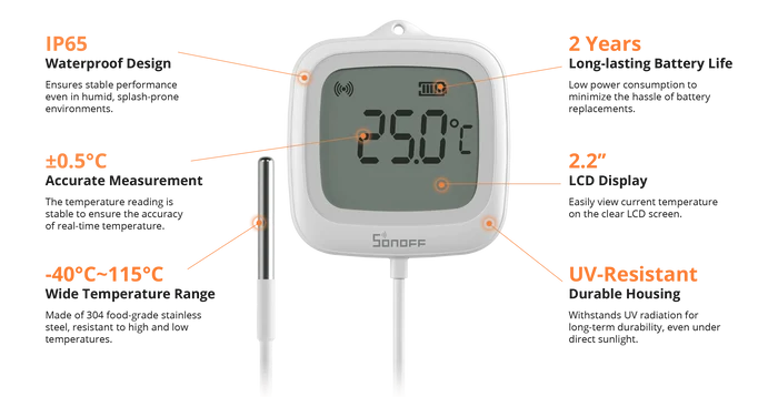 Zigbee Sonoff Outdoor LCD Smart Thermometer with Probe - SONZSNZB02LD - Vesternet